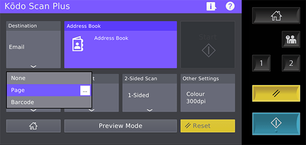 Batch scanning with job split by page or barcode