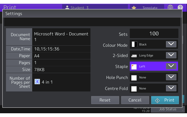 Change Print Settings at the panel